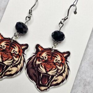 Handmade Tiger earrings with black accent bead